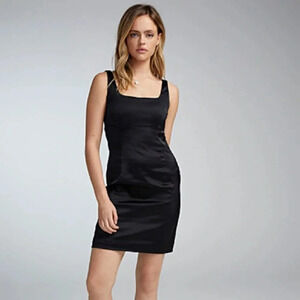 Calvin Klein Satin Black Sleeveless Mini Dress Square Neck Pleated size 8 P